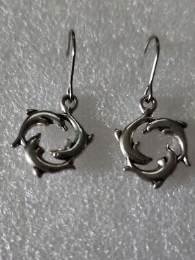 Sterling Tone Dolphin Circle Drop Earrings